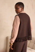 Strickweste Paige Fransen - Schokolade