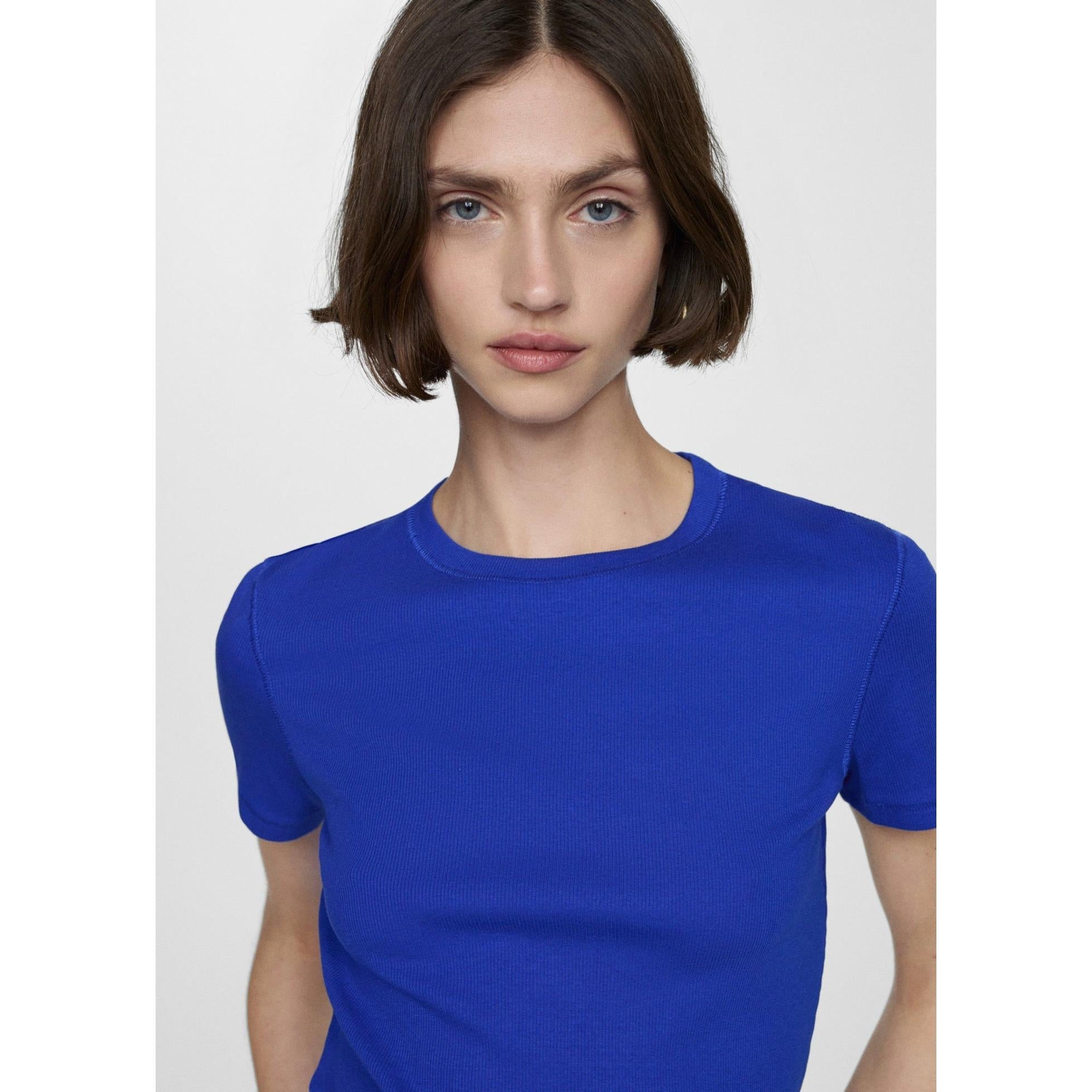 Short-Sleeved Ribbed Knit T-Shirt - Blue