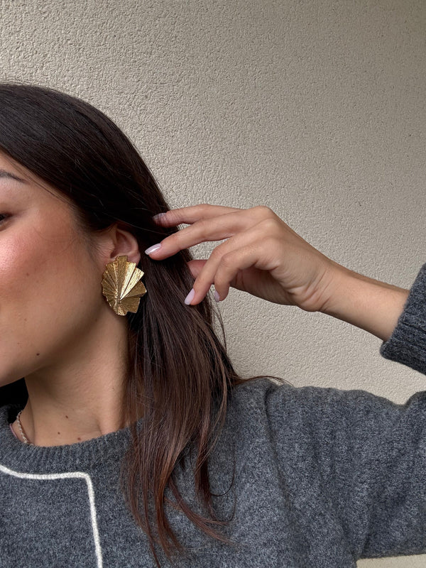 Vintage Guy Laroche Earrings - Textured Gold-Tone Fans