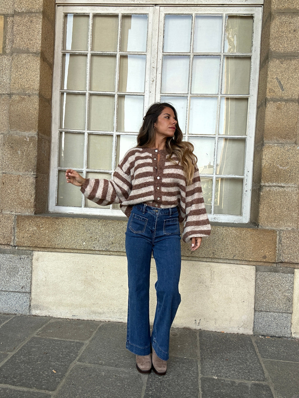Véra camel and beige striped cardigan