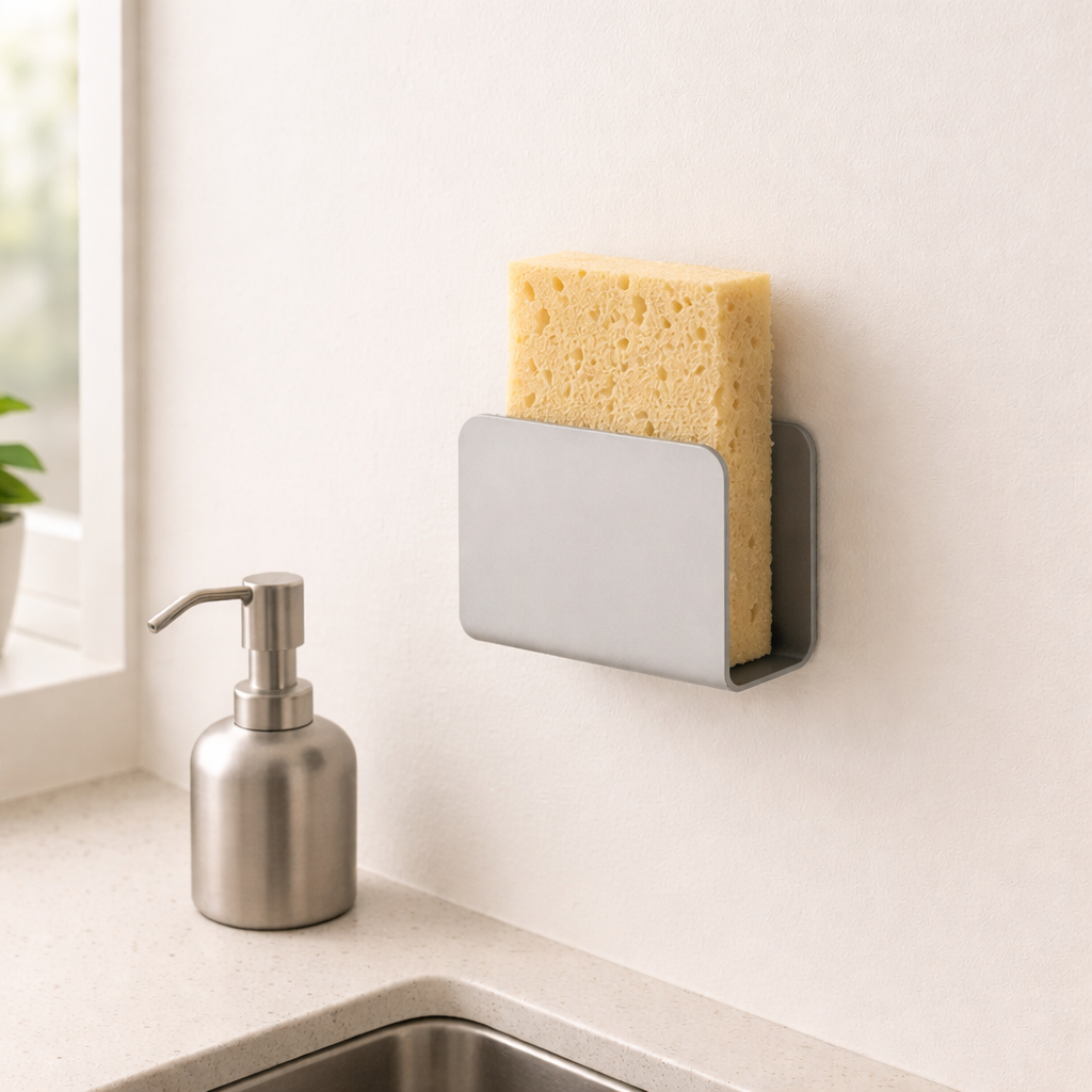 The Minimalist - Wall-Mounted Sponge Holder - Steel - Metallic Grey