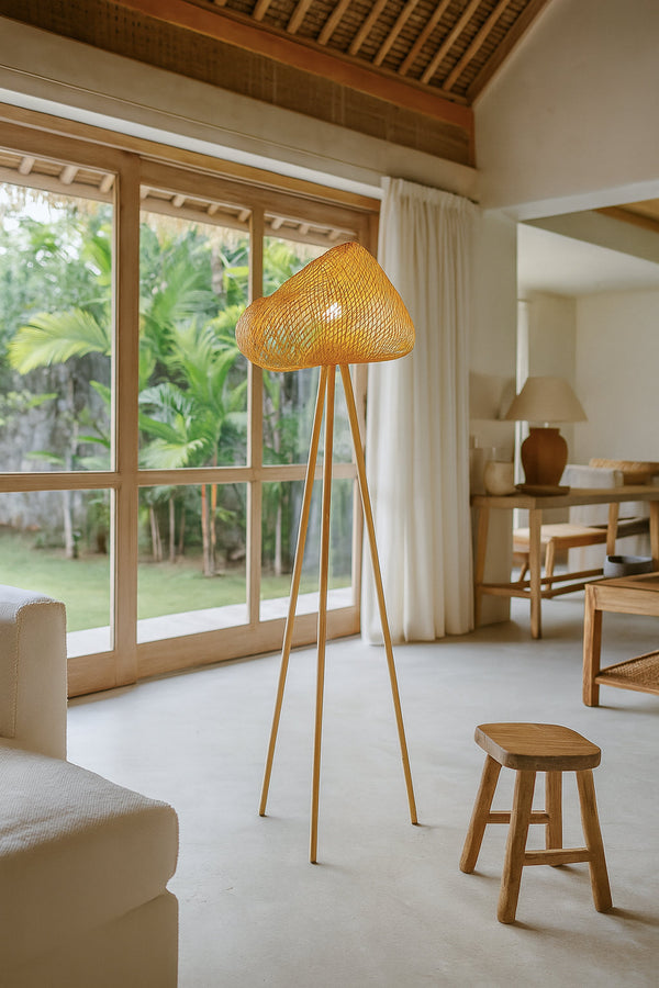 Lips Floor Lamp - Woven Bamboo And Wooden Legs