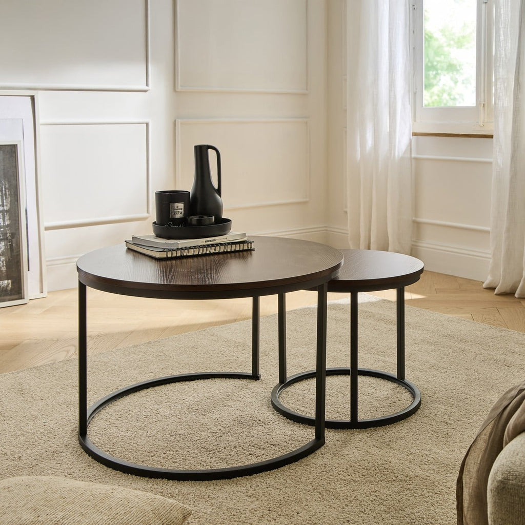 Lenny - Set of 2 Round Nesting Coffee Tables - Walnut/Black