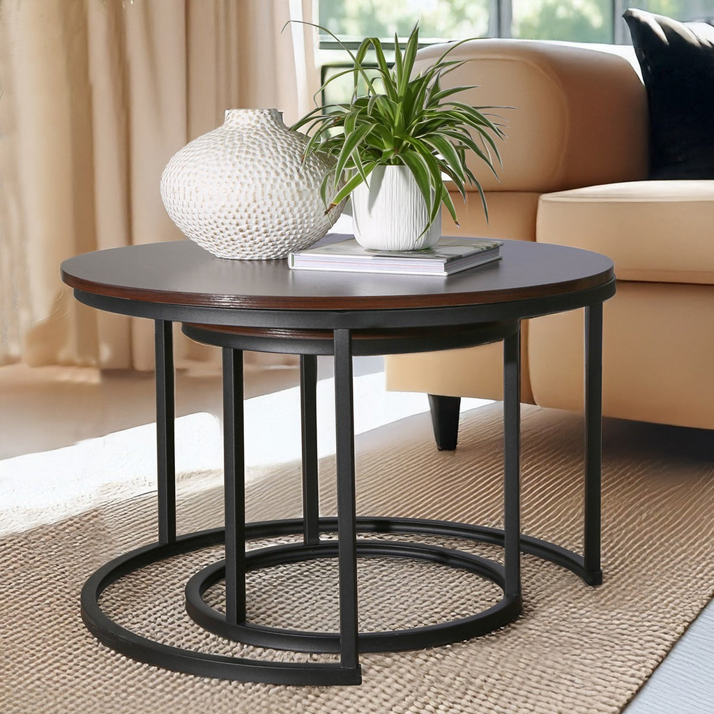 Lenny - Set of 2 Round Nesting Coffee Tables - Walnut/Black