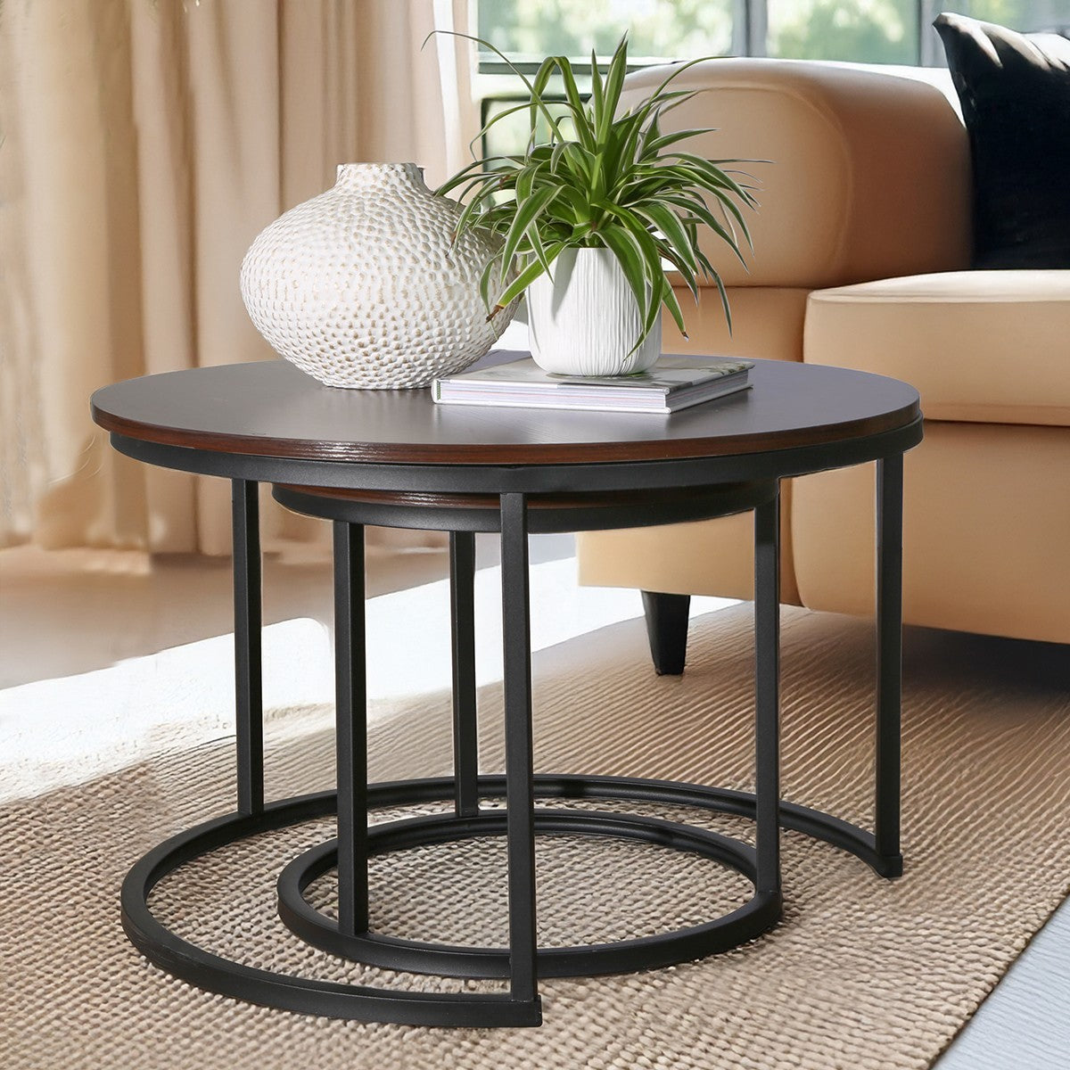 Lenny - Set of 2 Round Nesting Coffee Tables - Walnut/Black