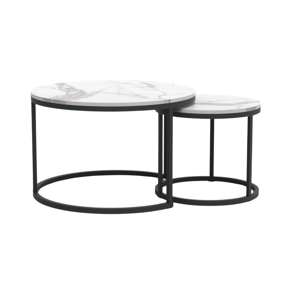 Lenny - Lot De 2 Tables Basses Gigognes Rondes - Marbre & Noir