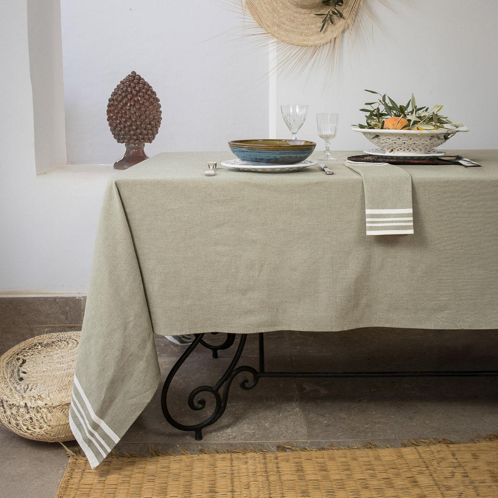 Tablecloth &amp; 10 Cotton Napkins 180x400 - Mahdia - Olive Green