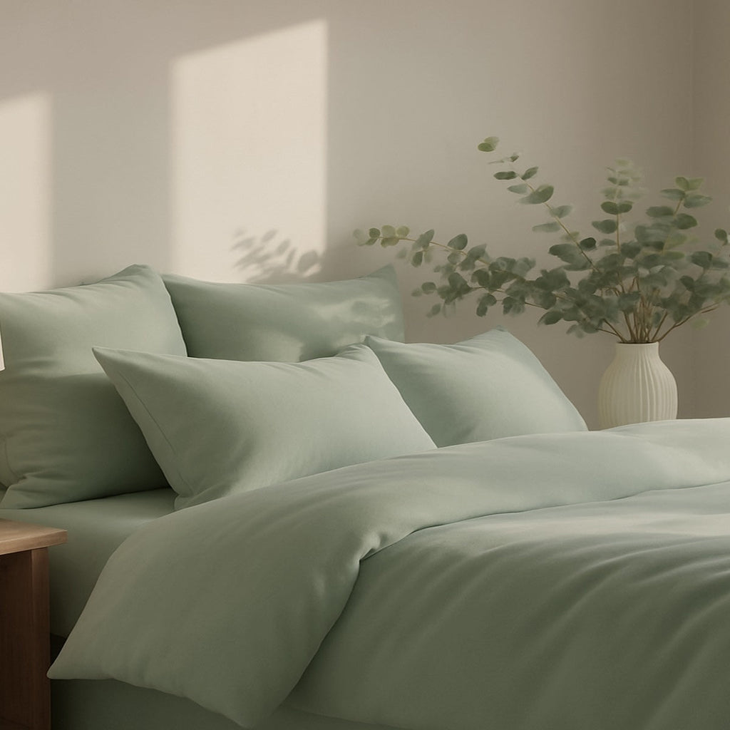 Gaia - Bedding Set + Pillowcases - Washed Organic Cotton Satin - Celadon Green
