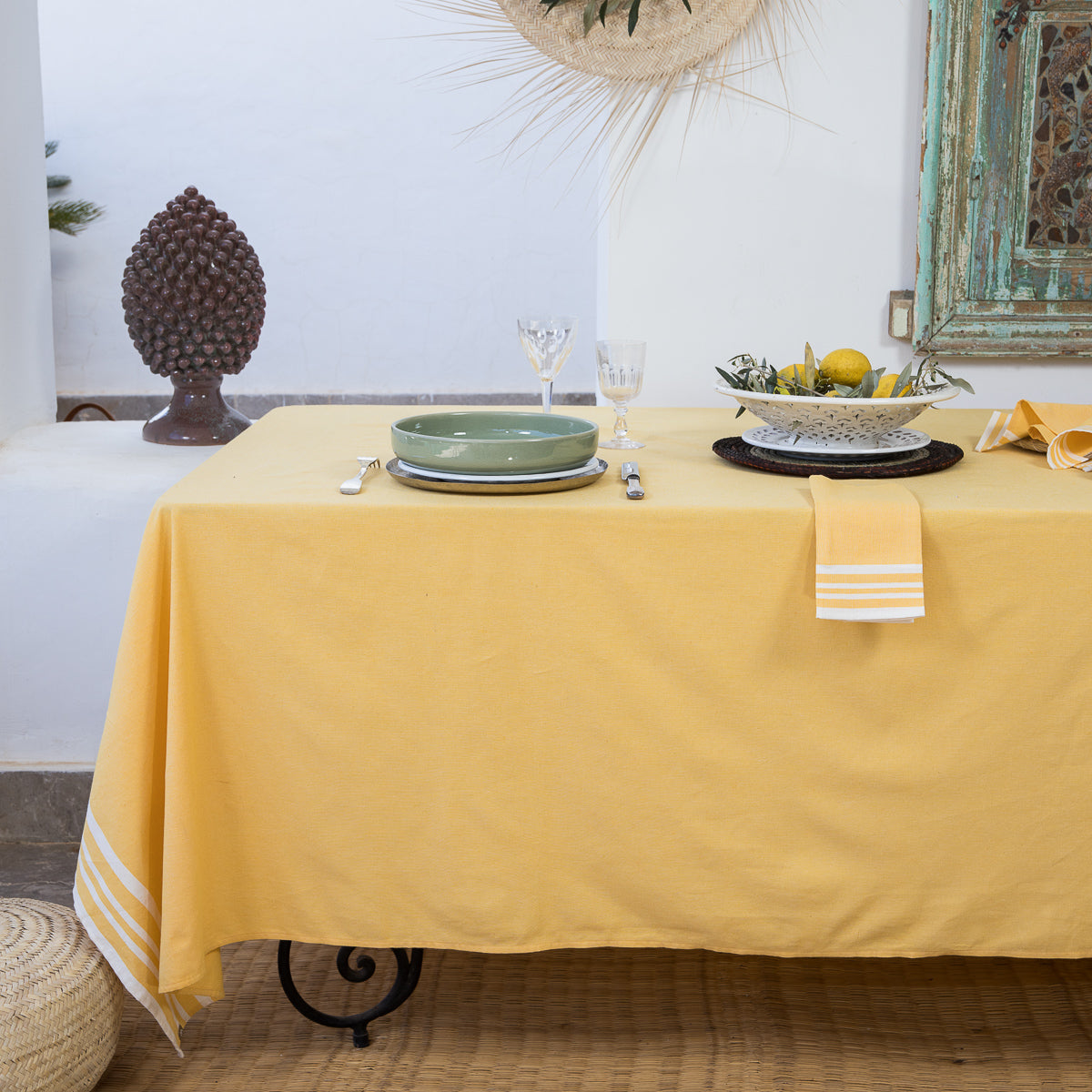 Tablecloth &amp; 8 Cotton Napkins 180X350 - Mahdia - Mustard Yellow