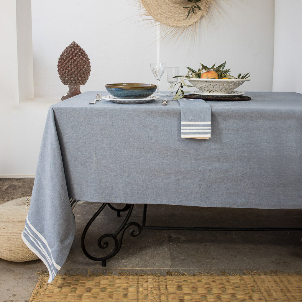Mahdia - Nappe + 10 Serviettes - Bleu Jean