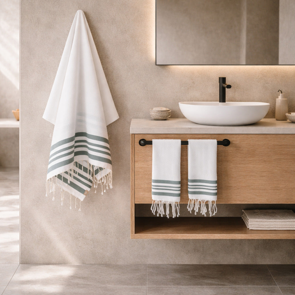 Hamptons - Foutas De Bain (1 Grande et 2 Petites) - Blanc/Vert Sauge