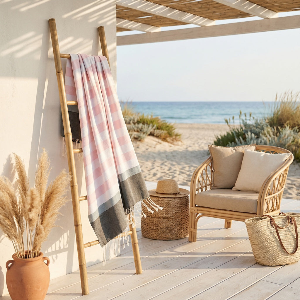 Arcachon - Fouta Tricolore - Rose Pâle/Sauge/Kaki