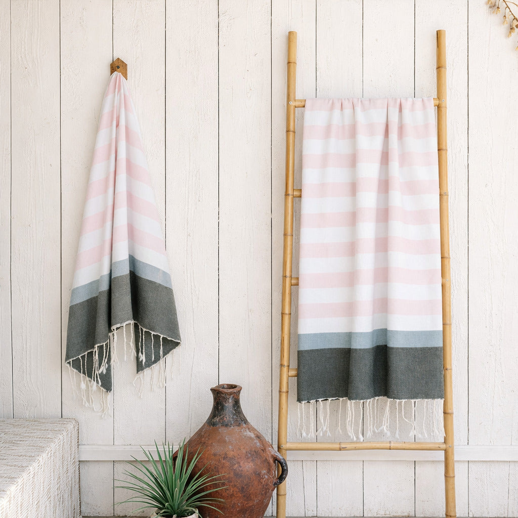 Arcachon - Fouta Tricolore - Rose Pâle/Sauge/Kaki