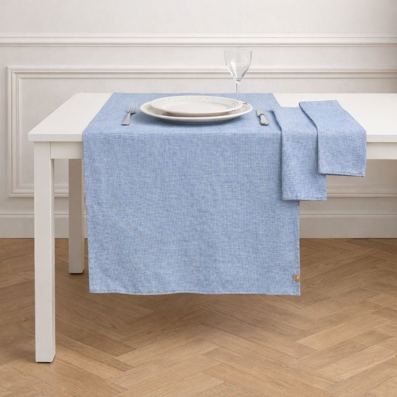 Colette - Chemin De Table + 4 Serviettes - Bleu Grec