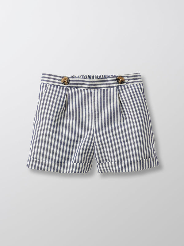 Short Coton/Lin - Bleu Moyen Raye - Fille