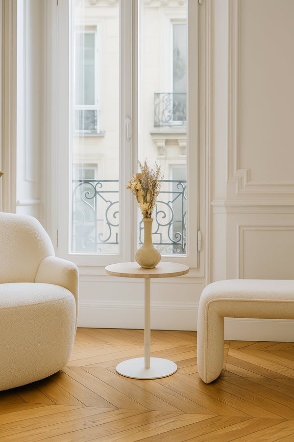 Mueble auxiliar Bari de metal blanco con tapa de travertino - Beige
