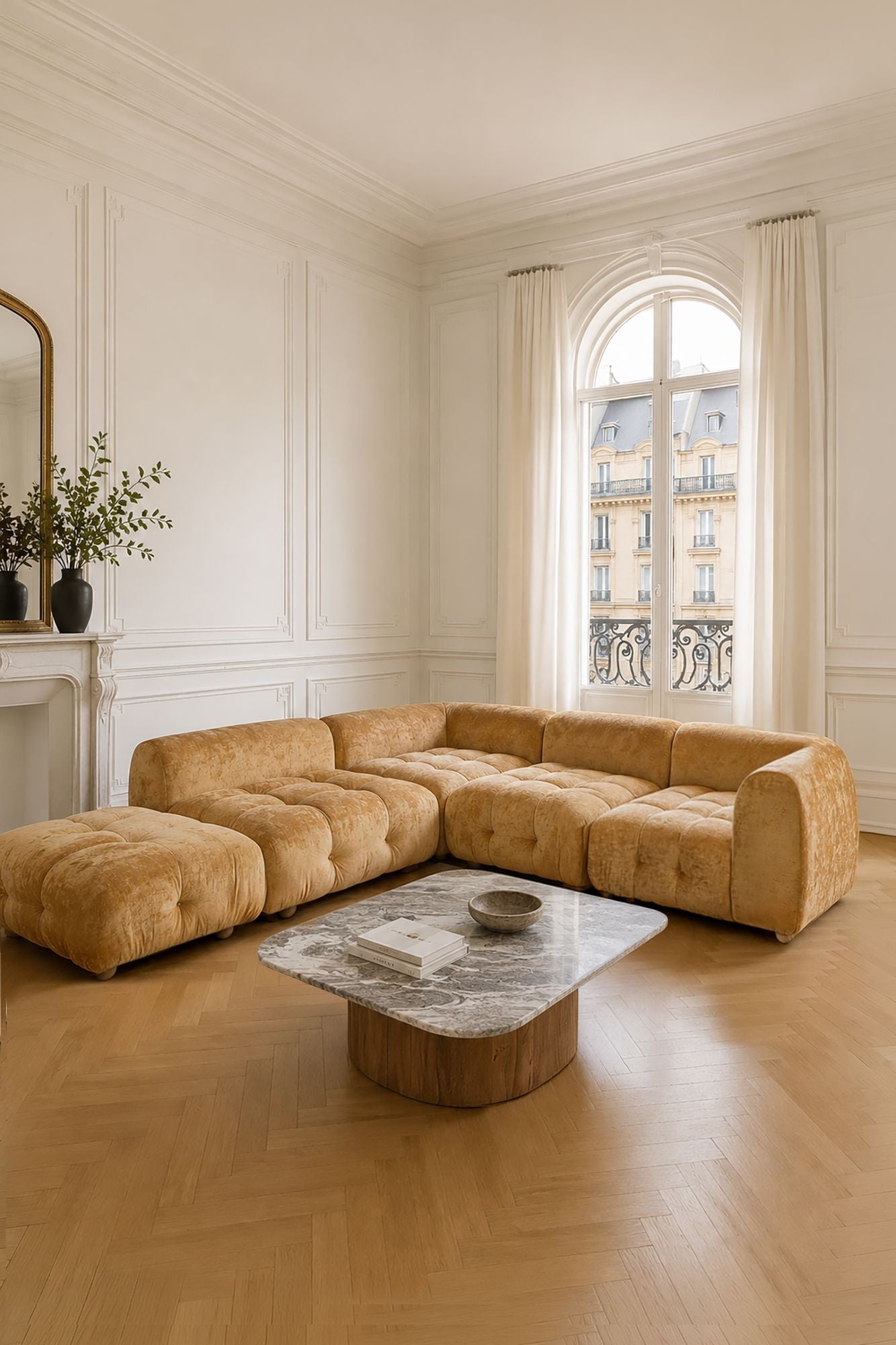Twiggy - Canapé Angle 5 Modules - Velours Pané - Ocre Orangé