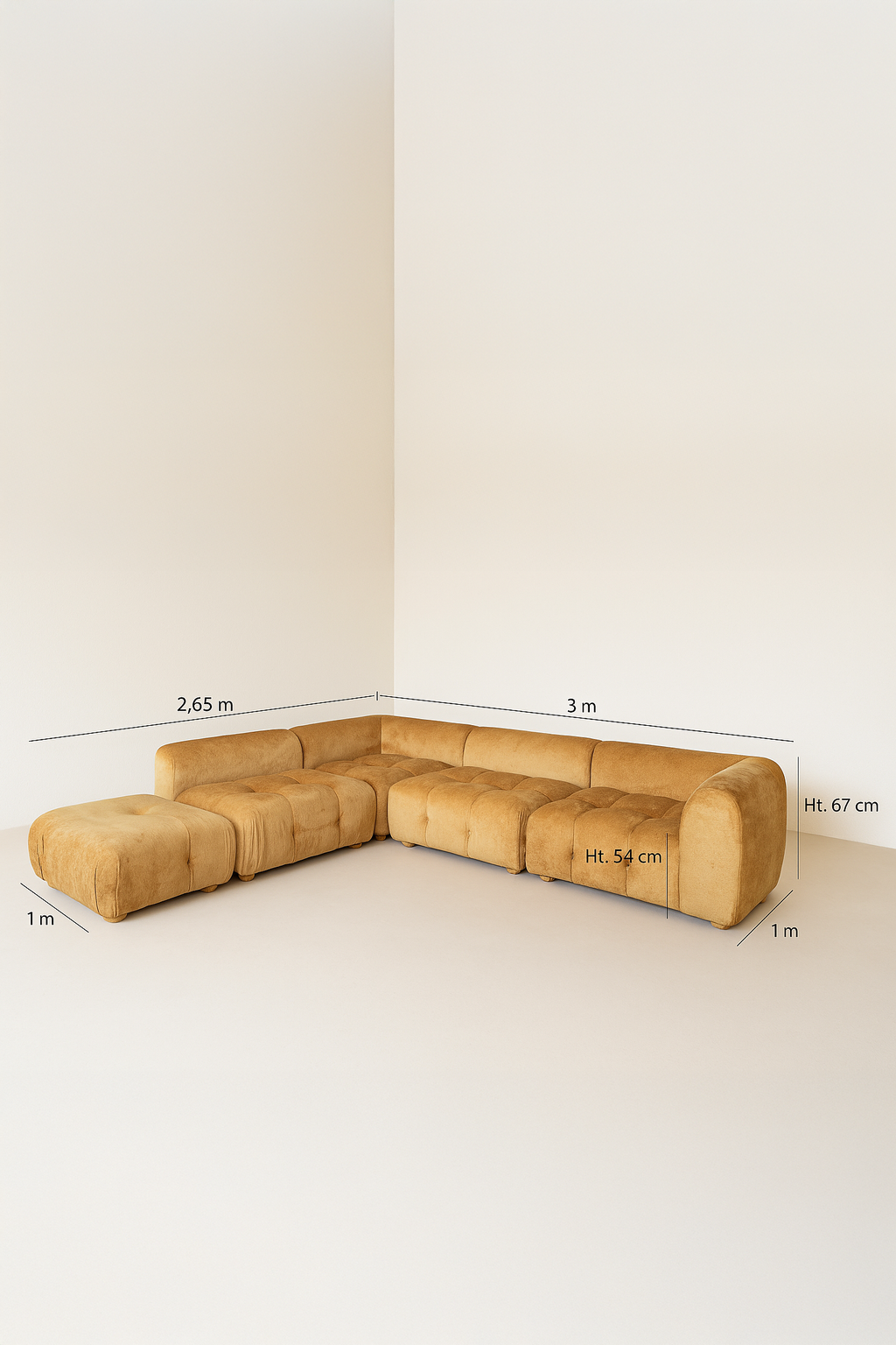 Twiggy - Canapé Angle 5 Modules - Velours Pané - Ocre Orangé