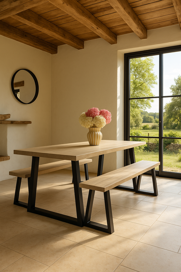 Conjunto de 2 bancos grandes Hera - Madera de pino y acacia - Patas de metal