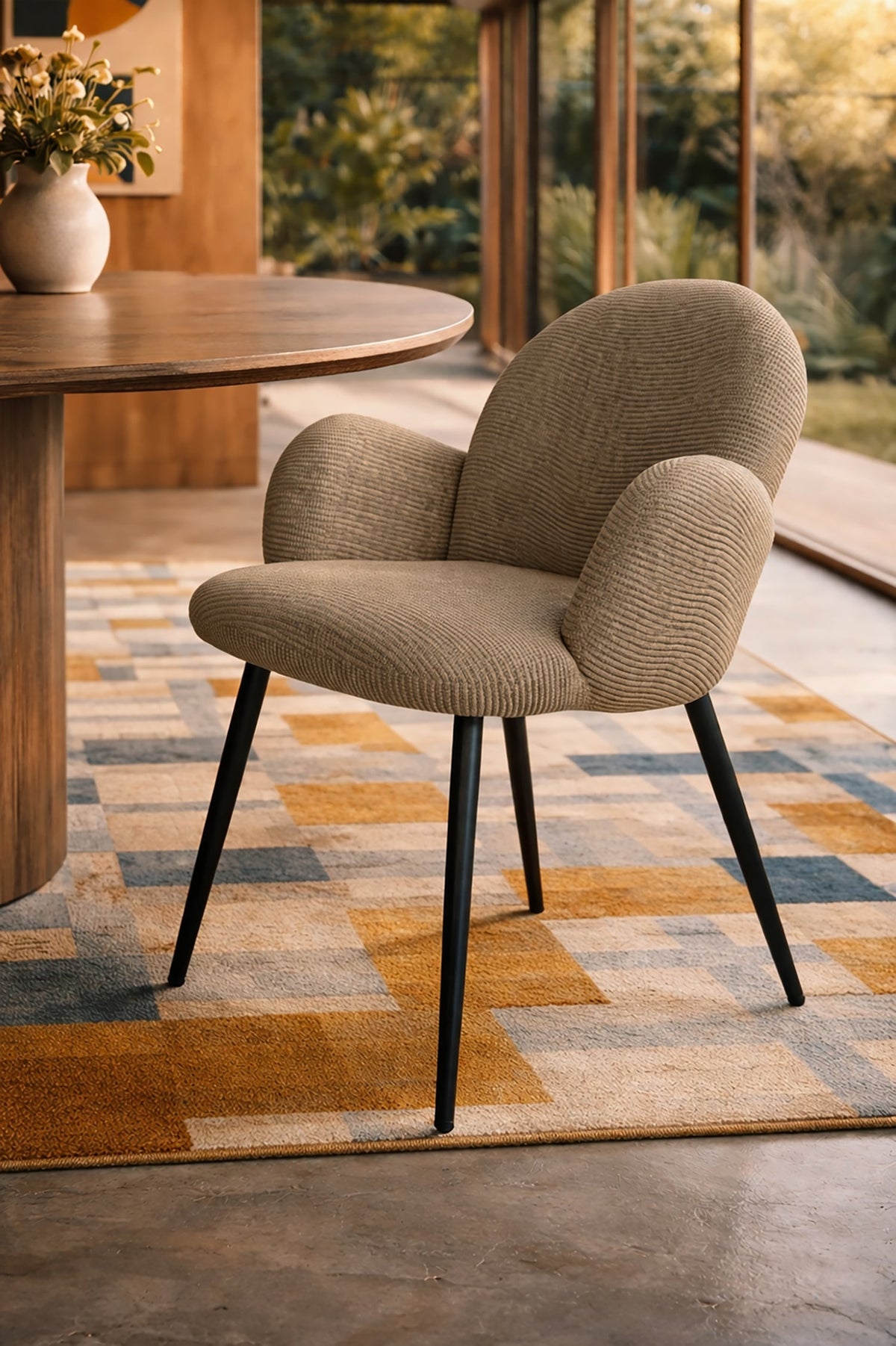 Ginette - Oval Extendable Table Set + 6 Armchairs - Walnut Effect/Tweed - Tobacco/Walnut
