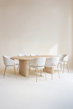 Quito - Ensemble Table + 6 Fauteuils De Table - Tissu Tweed/Effet Bois - Ecru/Naturel