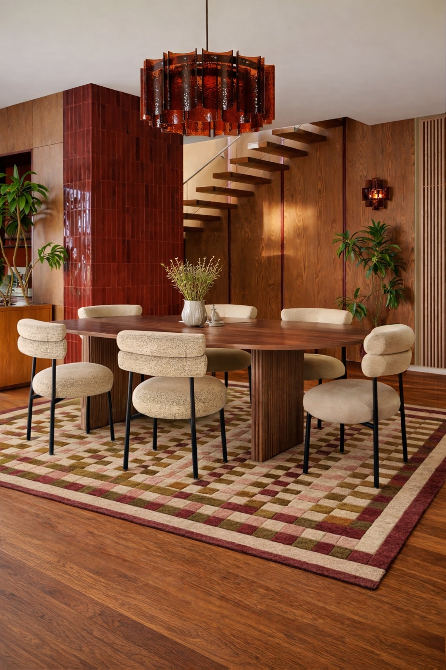 Gina Set - Walnut Wood Table + 6 Beige Chairs