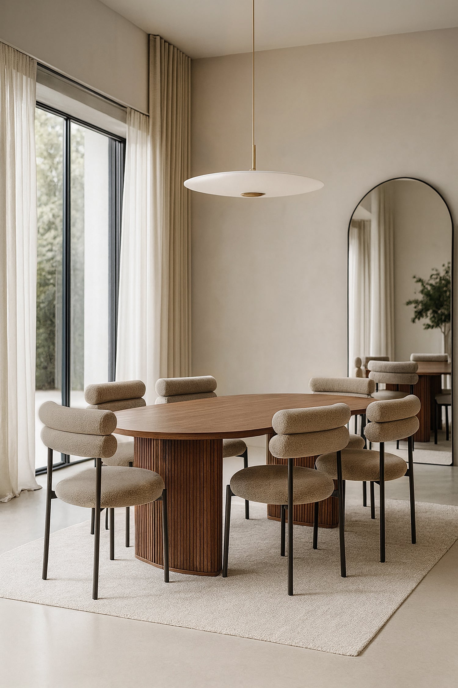 Gina - Ensemble Table Ovale + 6 Chaises - Tweed/Métal - Noir/Moka