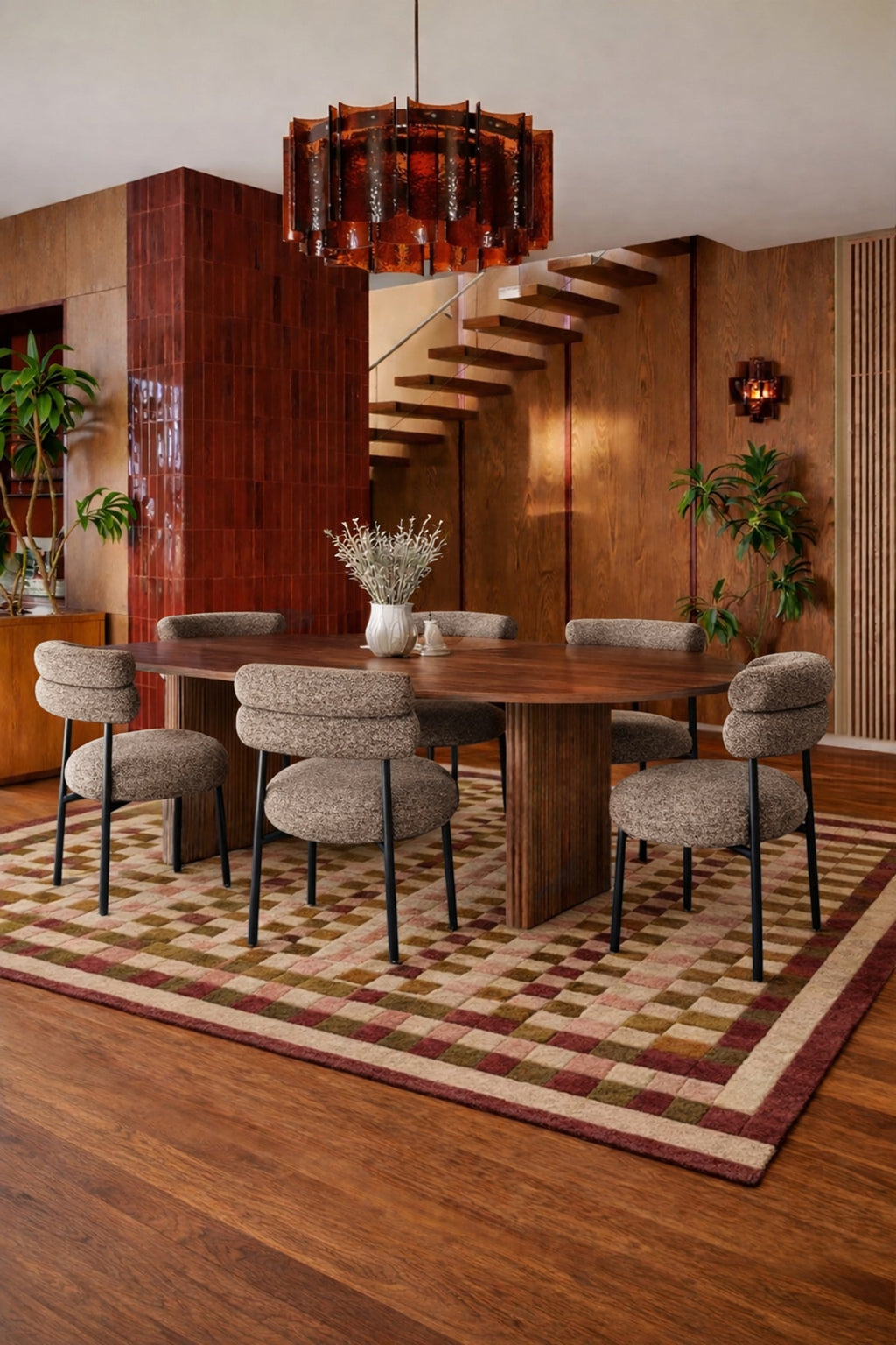 Gina - Ensemble Table Ovale + 6 Chaises - Tweed/Métal - Noir/Moka