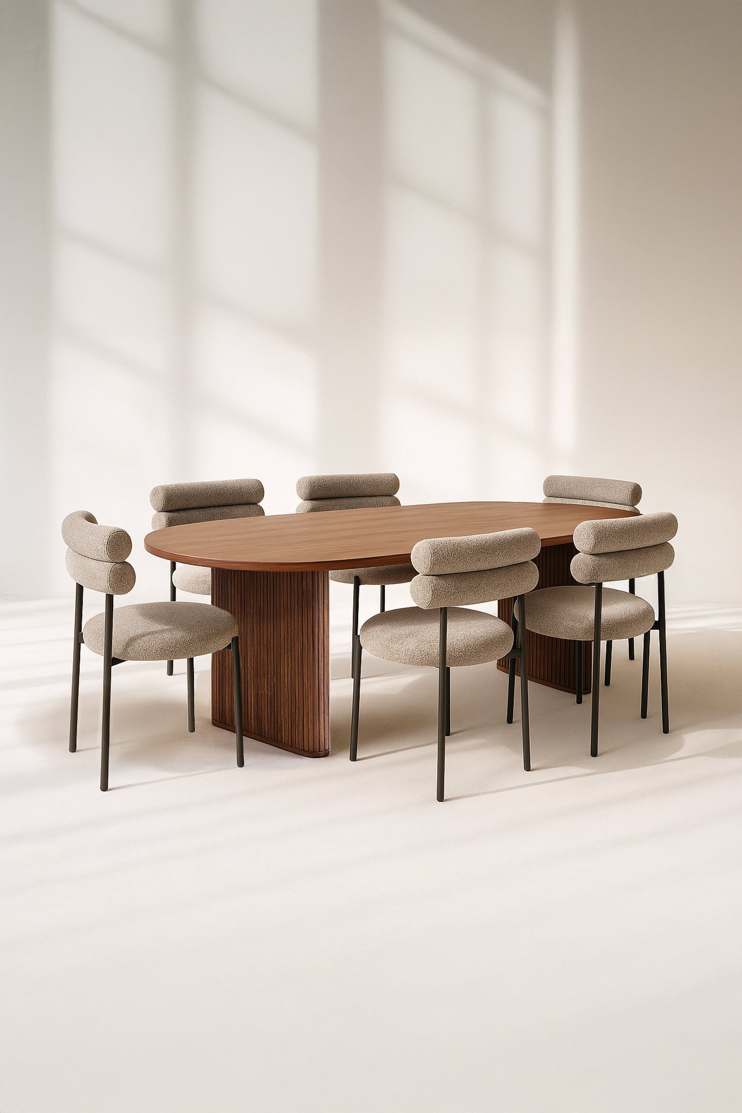 Gina - Ensemble Table Ovale + 6 Chaises - Tweed/Métal - Noir/Moka