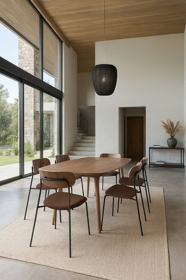 Callao Set - Walnut Wood Table + 6 Brown Teddy Chairs