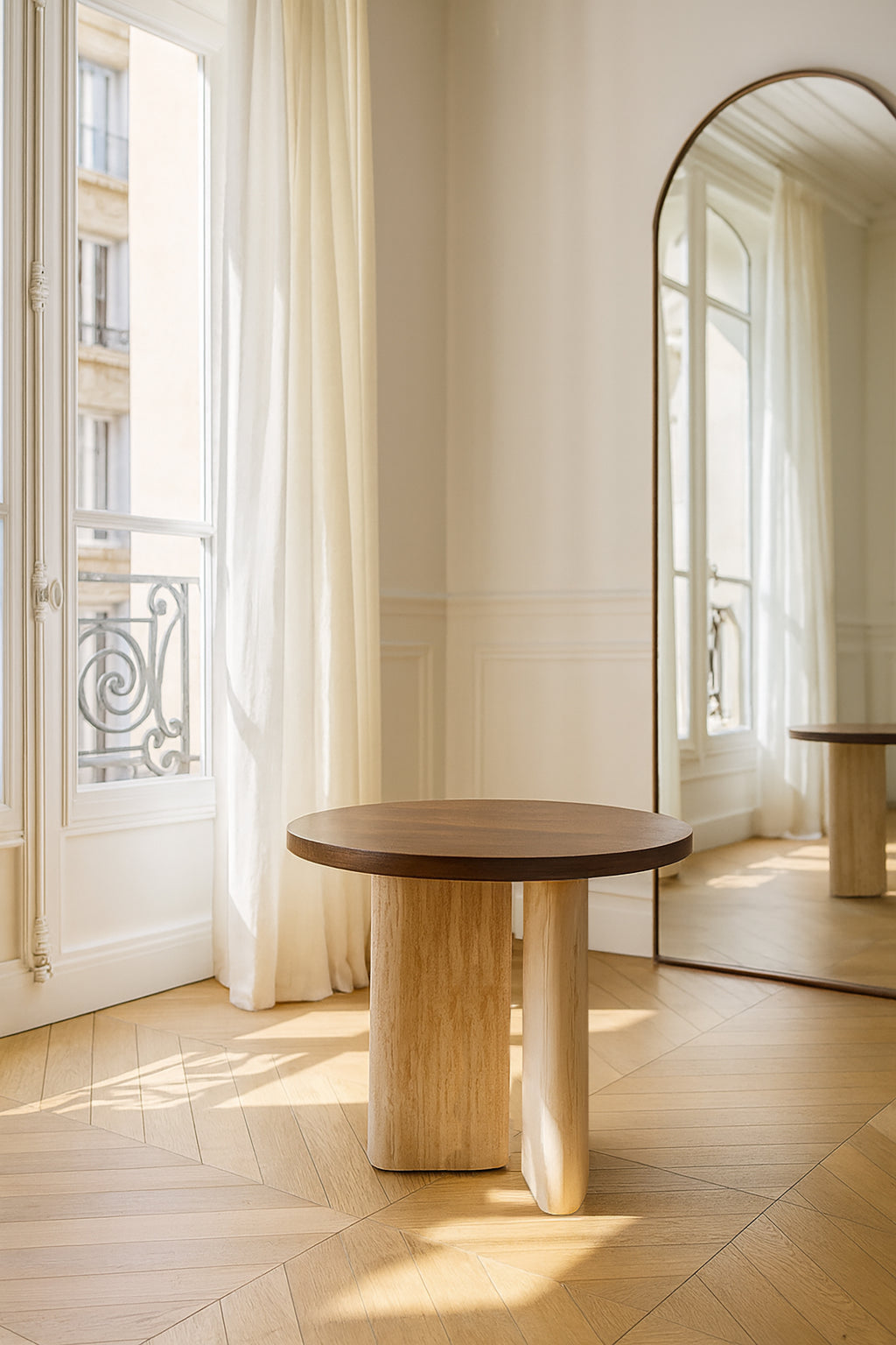 Round Amber Side Cabinet - Natural Travertine And Walnut Effect