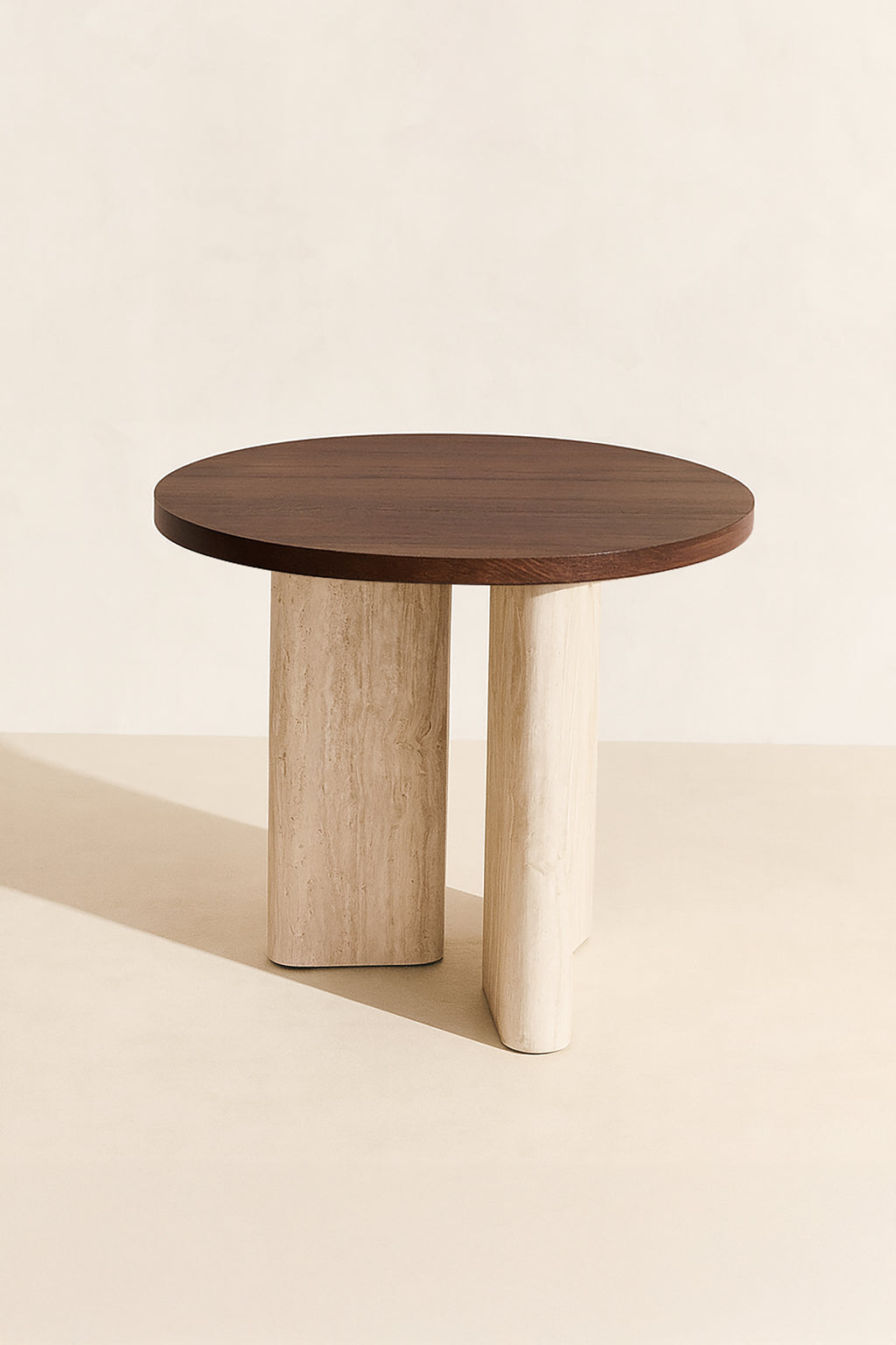 Round Amber Side Cabinet - Natural Travertine And Walnut Effect