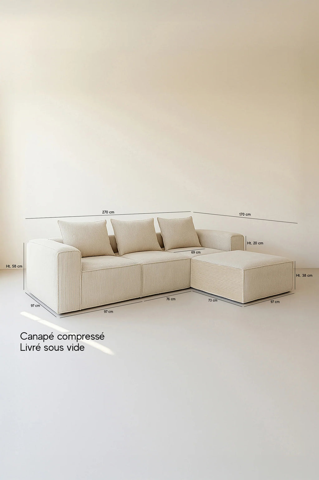 Cocoon - Canapé D'Angle Compressé - Velours Côtelé - Ecru
