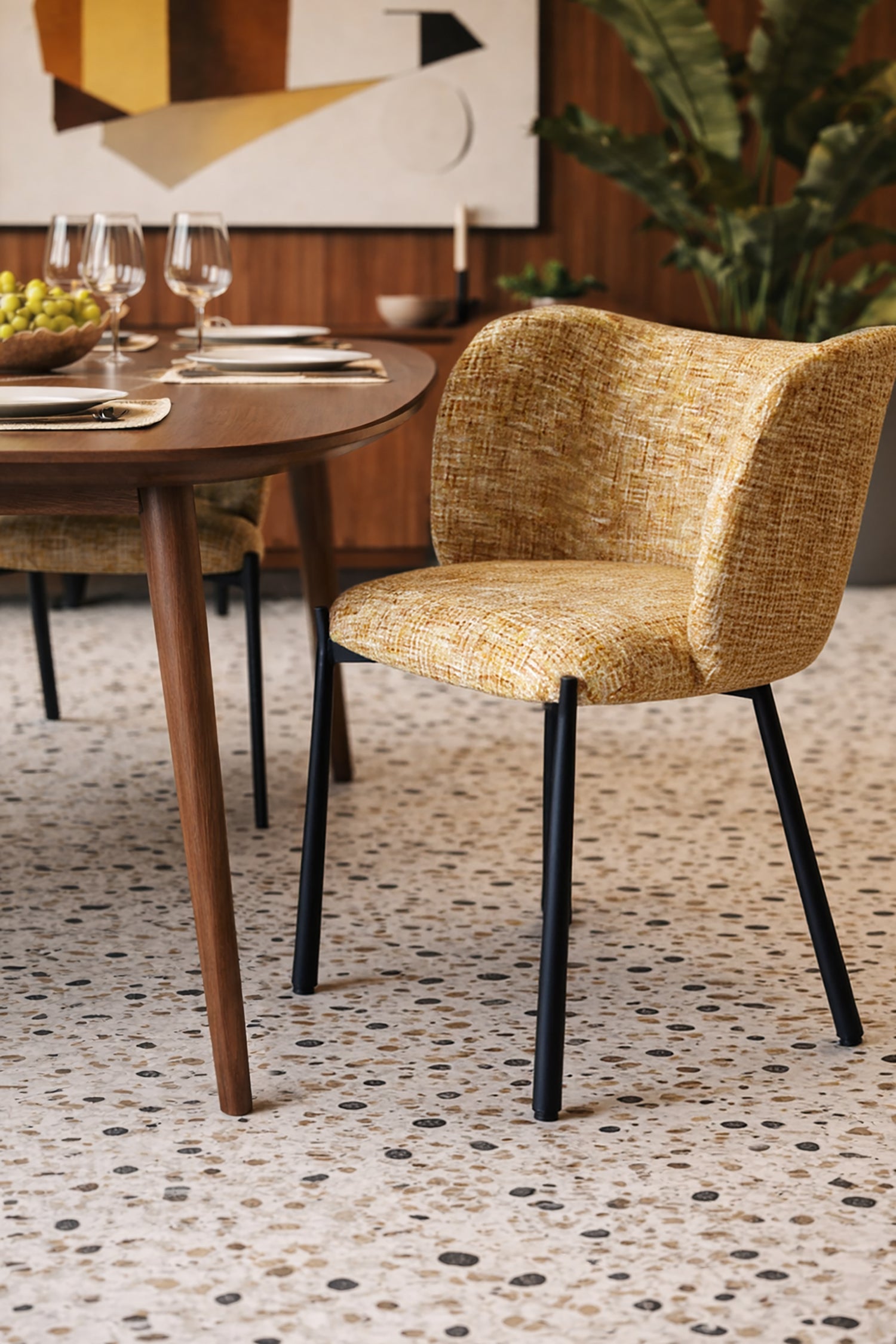 Suzan - Ensemble Table + 6 Fauteuils De Table - Tissu/Mdf - Ocre