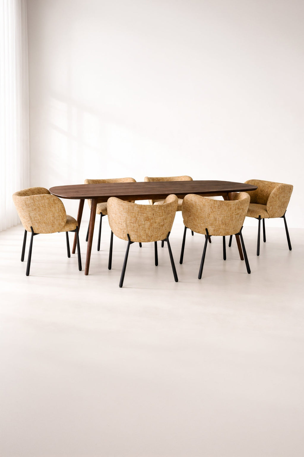 Suzan - Ensemble Table + 6 Fauteuils De Table - Tissu/Mdf - Ocre