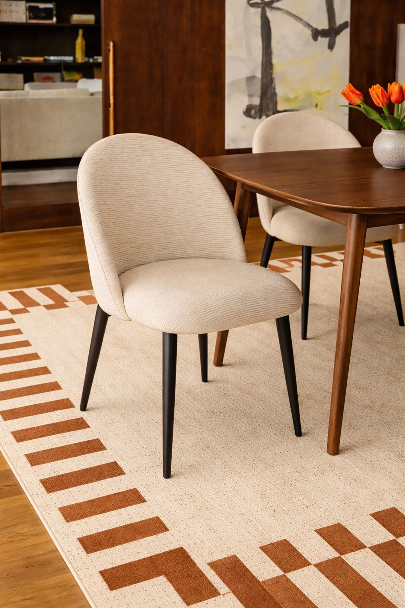 Leonie - Ensemble Table + 6 Chaises  - Tissu/Mdf - Ecru
