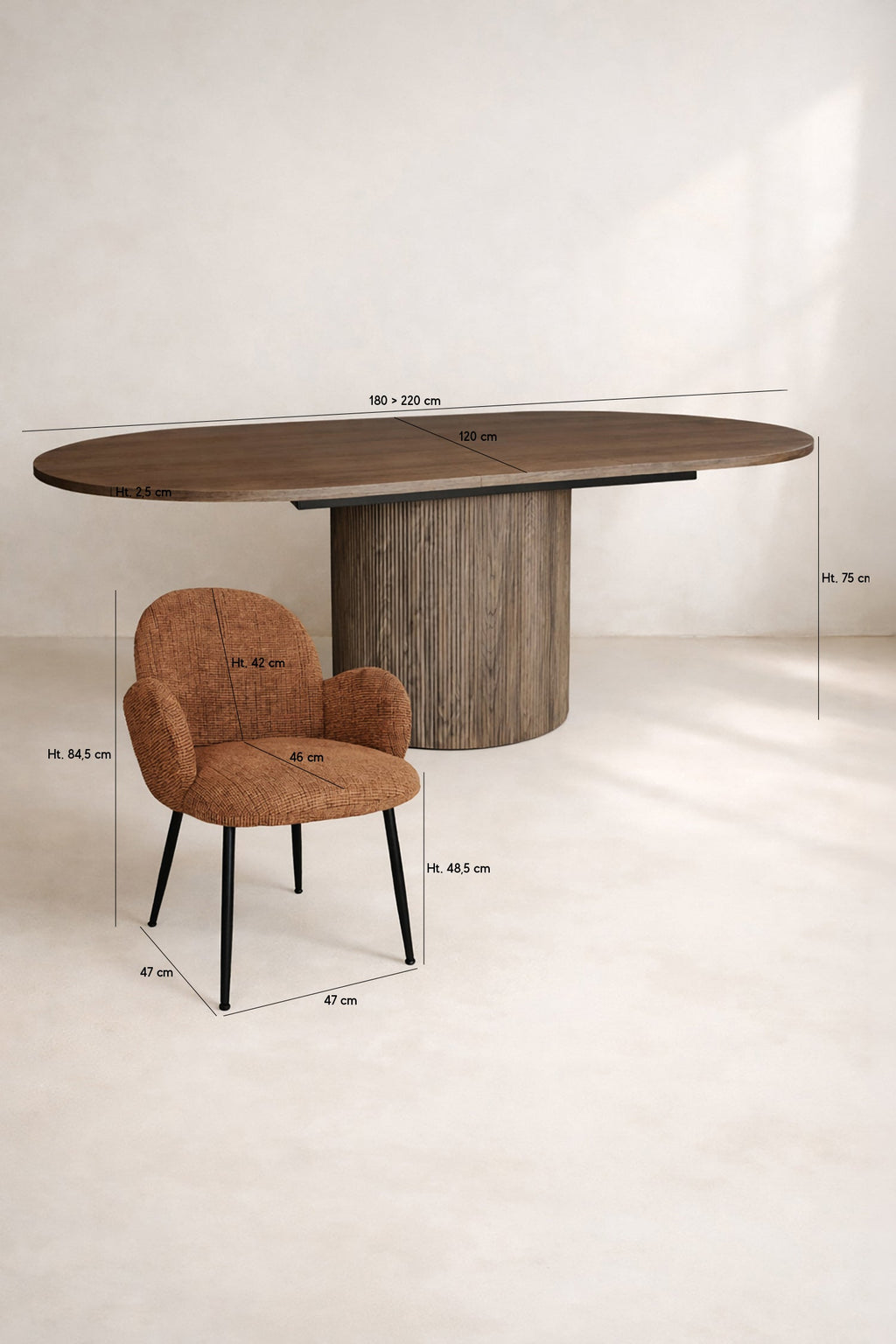 Ginette - Ensemble Table Extensible + 6 Fauteuils - Tissu - Terracotta