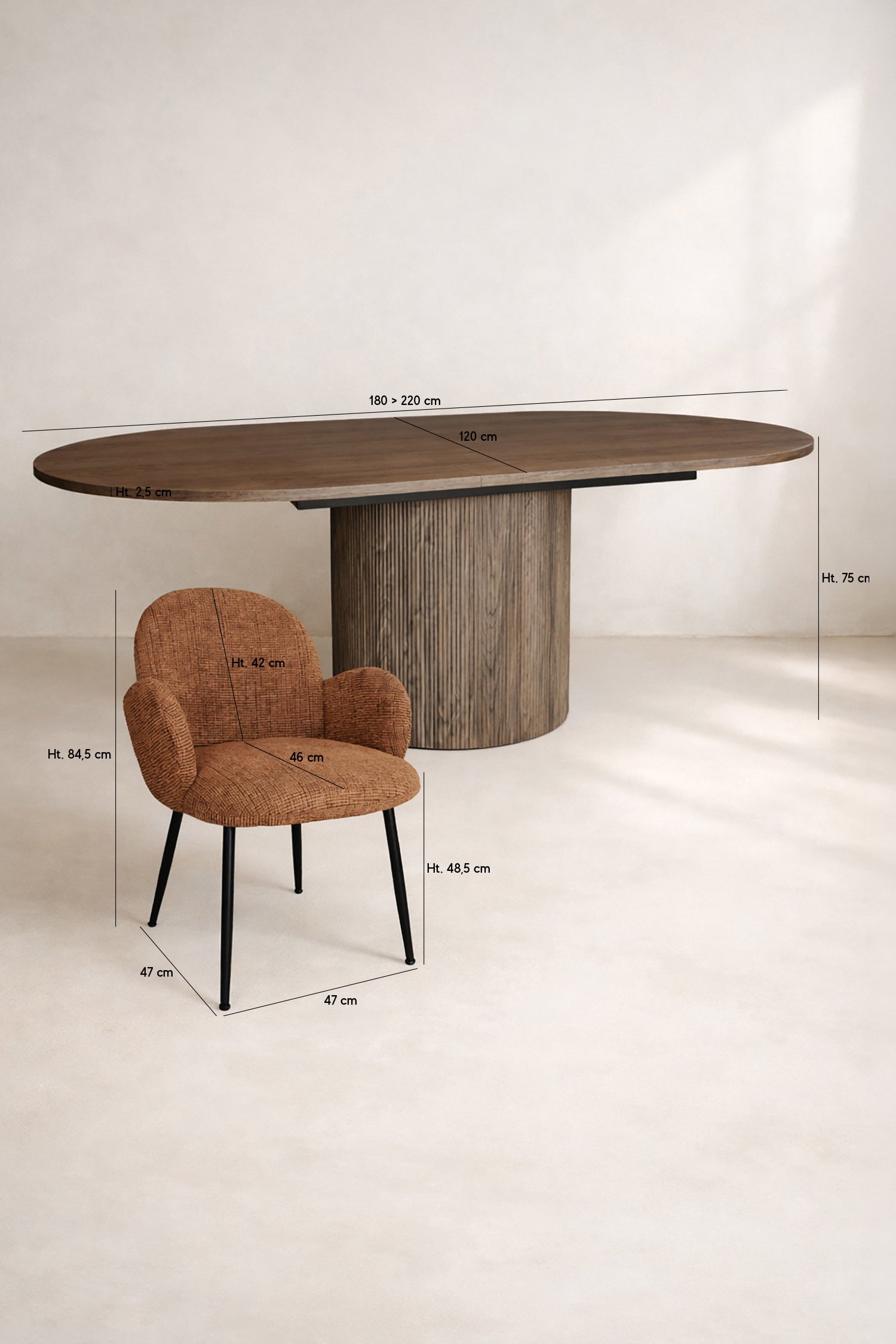Ginette - Ensemble Table Extensible + 6 Fauteuils - Tissu - Terracotta
