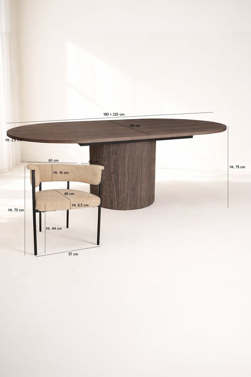Colette - Ensemble Table Extensible + 6 Fauteuils - Tissu/Mdf - Beige