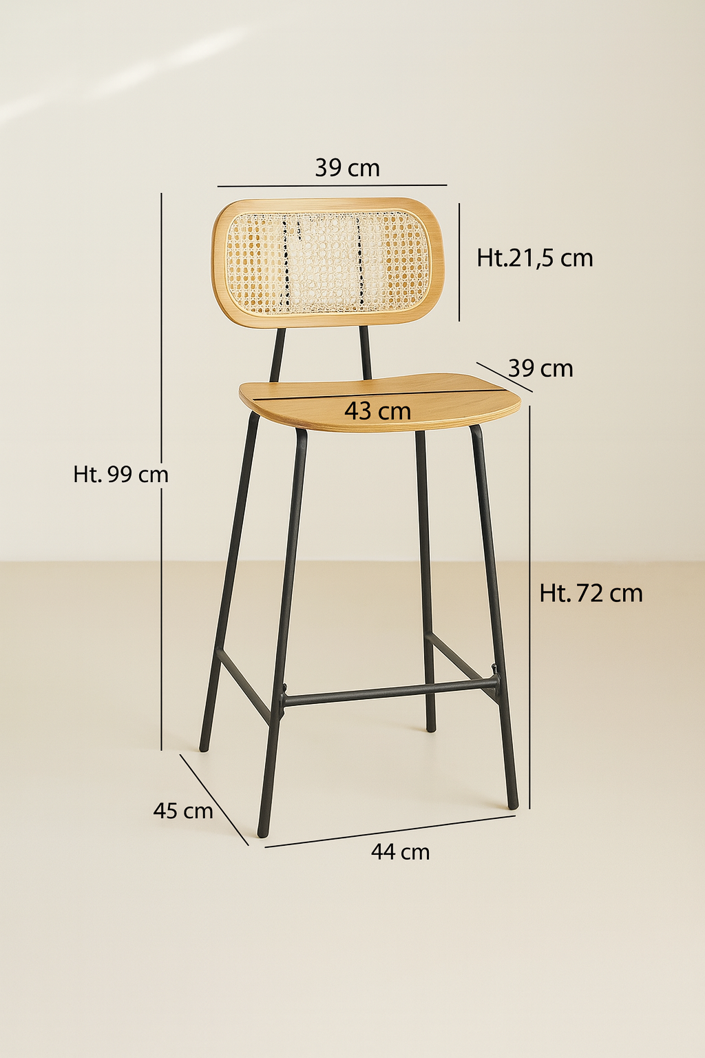 Nosara - Juego de 2 Sillas de Bar - Ratán/Metal/Madera - Negro/Natural