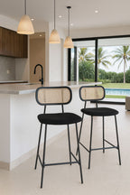 Set of 2 Nosara Bar Chairs - Rattan, Wood, Metal and Corduroy - Black