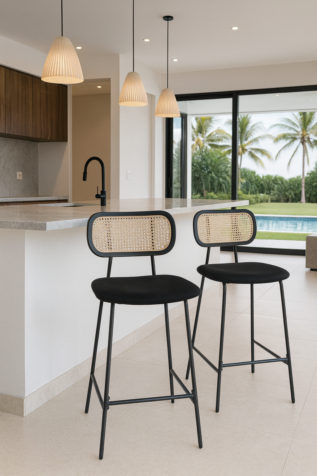 Nosara - Silla de bar Lot2 - Pana/Ratán/Metal/Madera - Negro