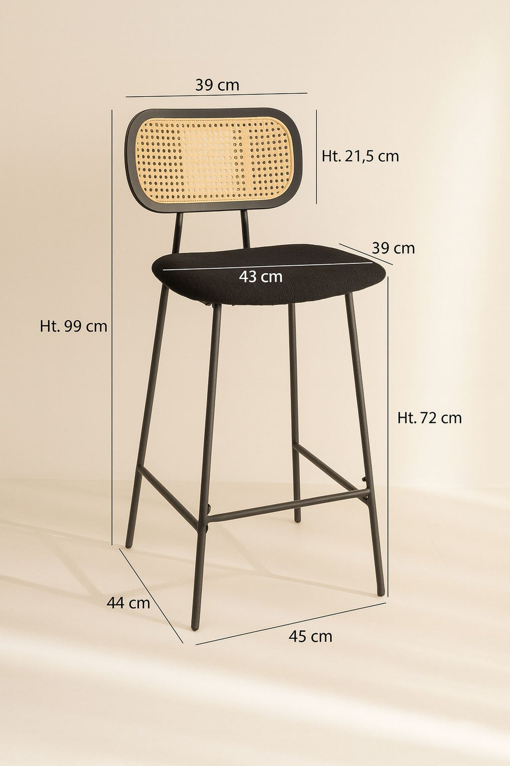 Set of 2 Nosara Bar Chairs - Rattan, Wood, Metal and Corduroy - Black