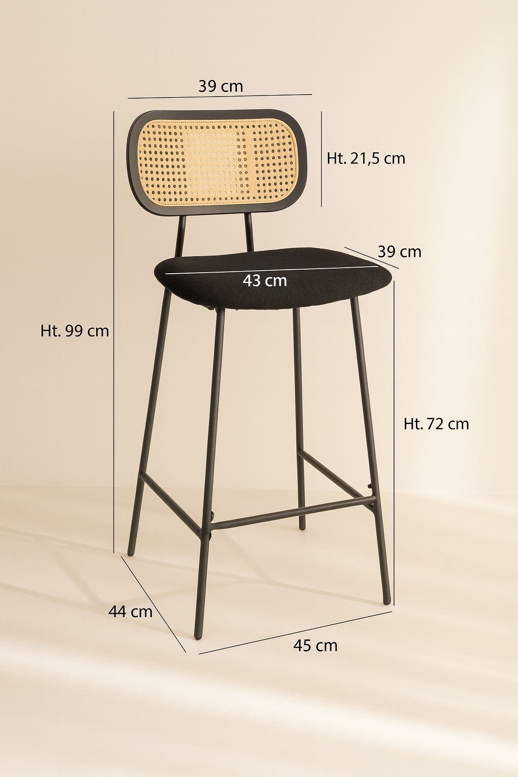Nosara - Silla de bar Lot2 - Pana/Ratán/Metal/Madera - Negro