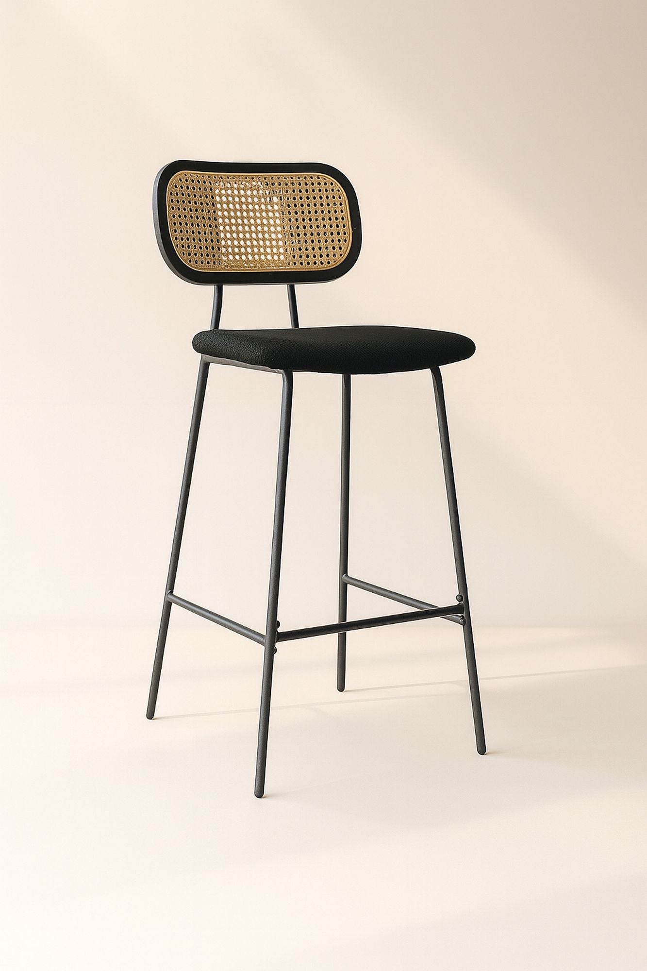 Set of 2 Nosara Bar Chairs - Rattan, Wood, Metal and Corduroy - Black