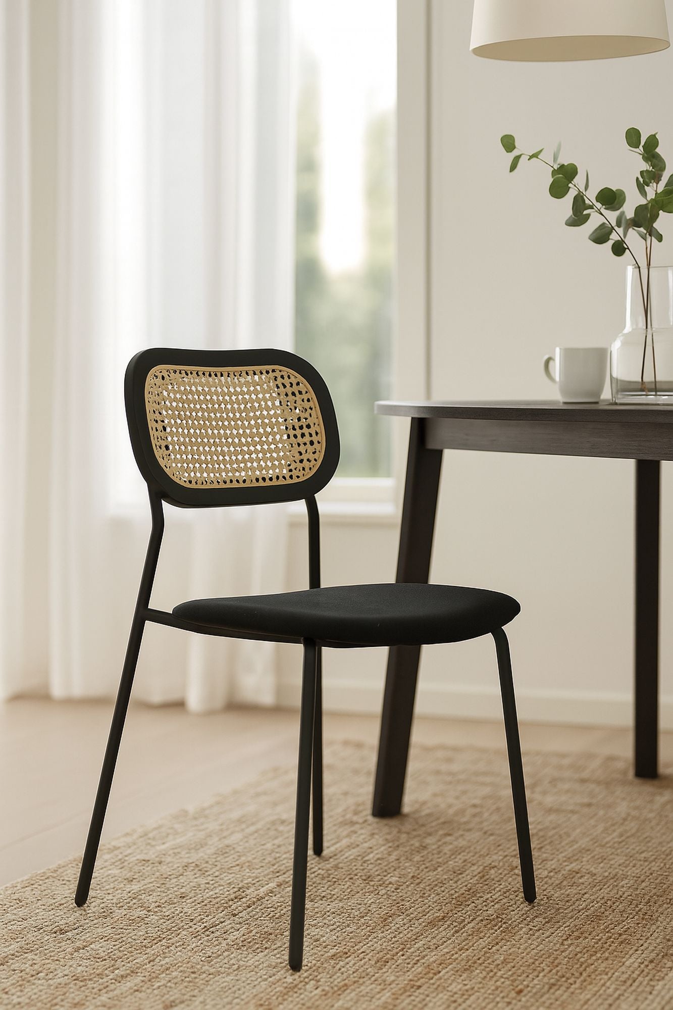 Set of 2 Nosara Chairs - Rattan, Wood, Metal and Corduroy - Black