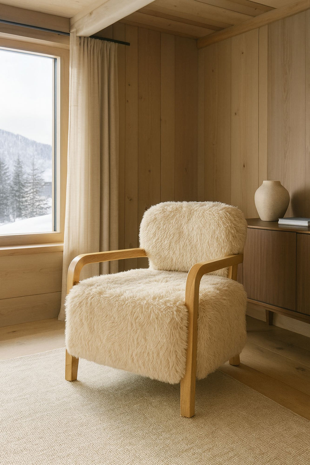 Yack - Fauteuil - Fourrure/Tissu/Bois - Beige