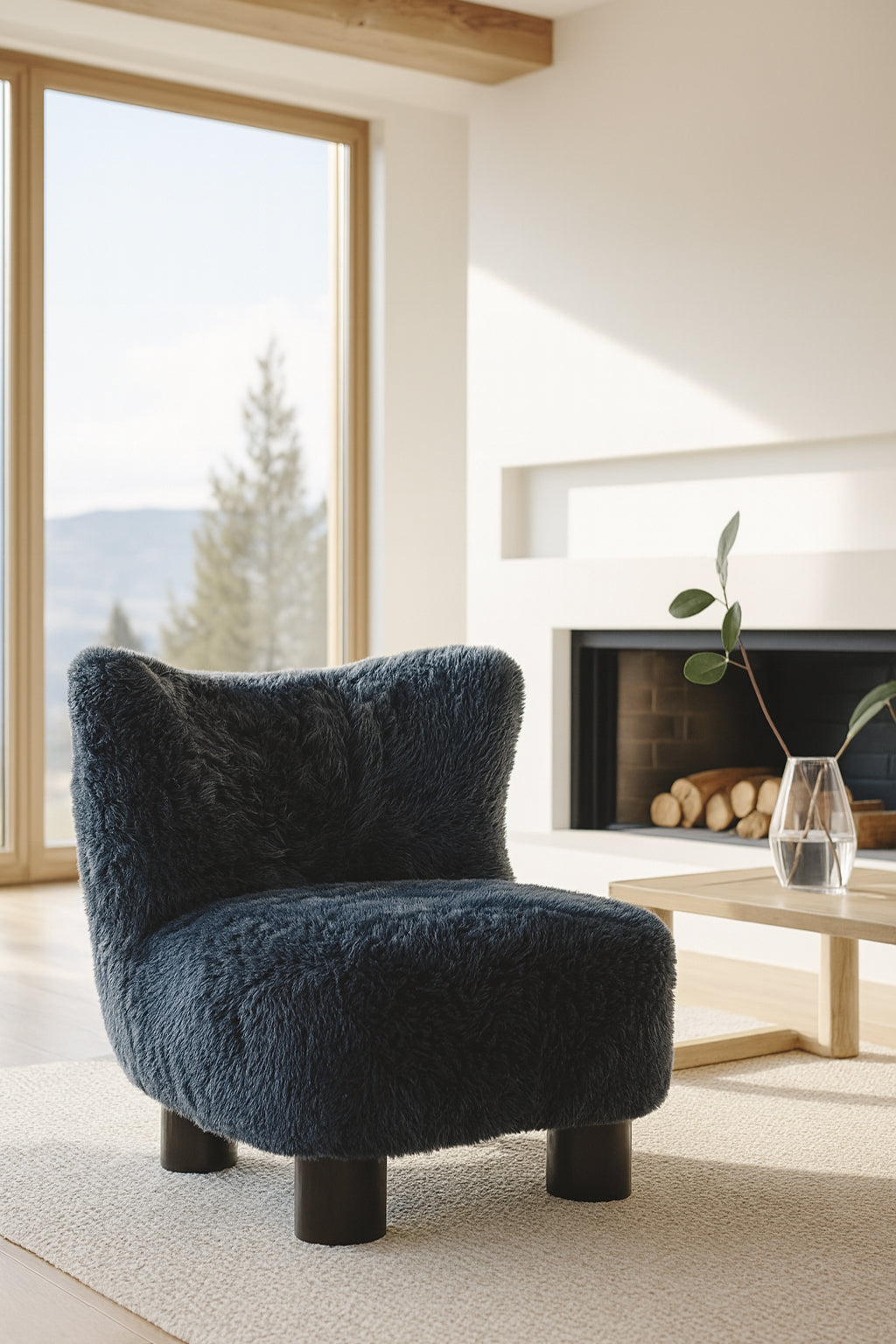 Artic - Fauteuil - Fourrure/Bois - Noir/Bleu