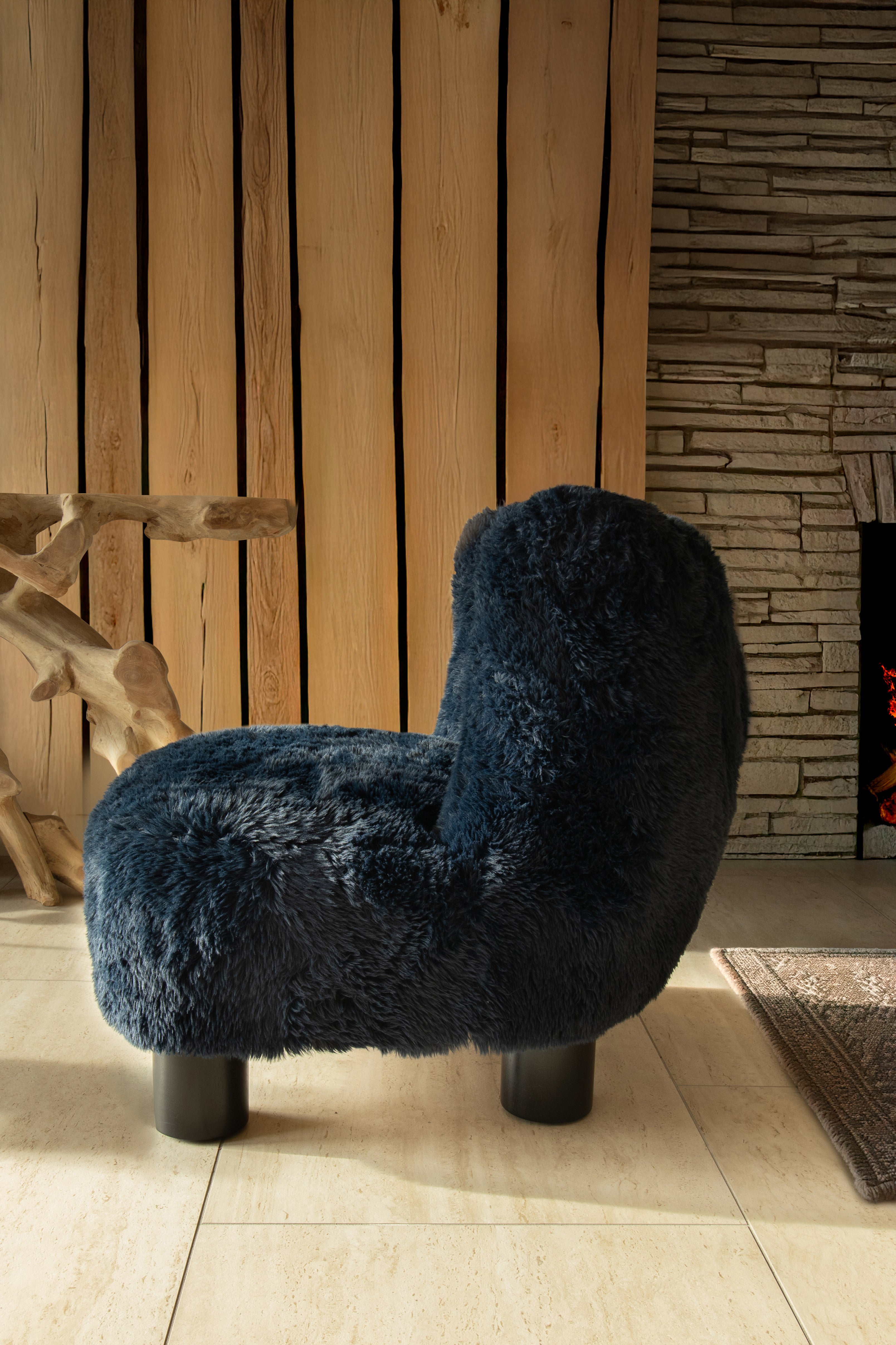 Artic - Fauteuil - Fourrure/Bois - Noir/Bleu