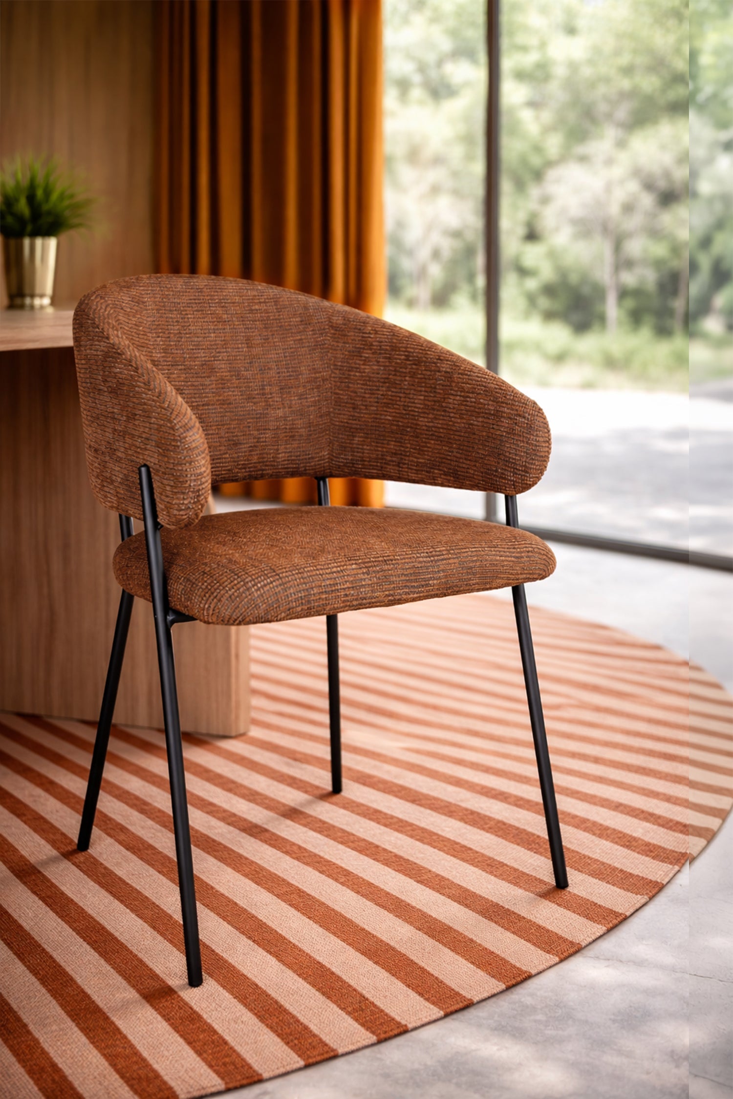 Eros - Lot 2 Fauteuils De Table - Tissu Tweed/Metal - Brique/Noir
